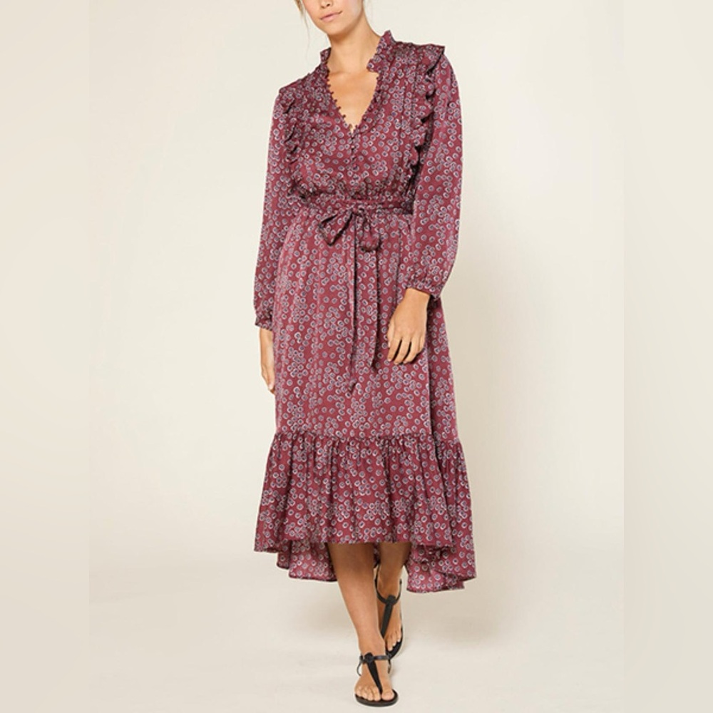 Outerknown Stardust Ruffle Midi Dress in Plum Laurel Cotton Silk Blend